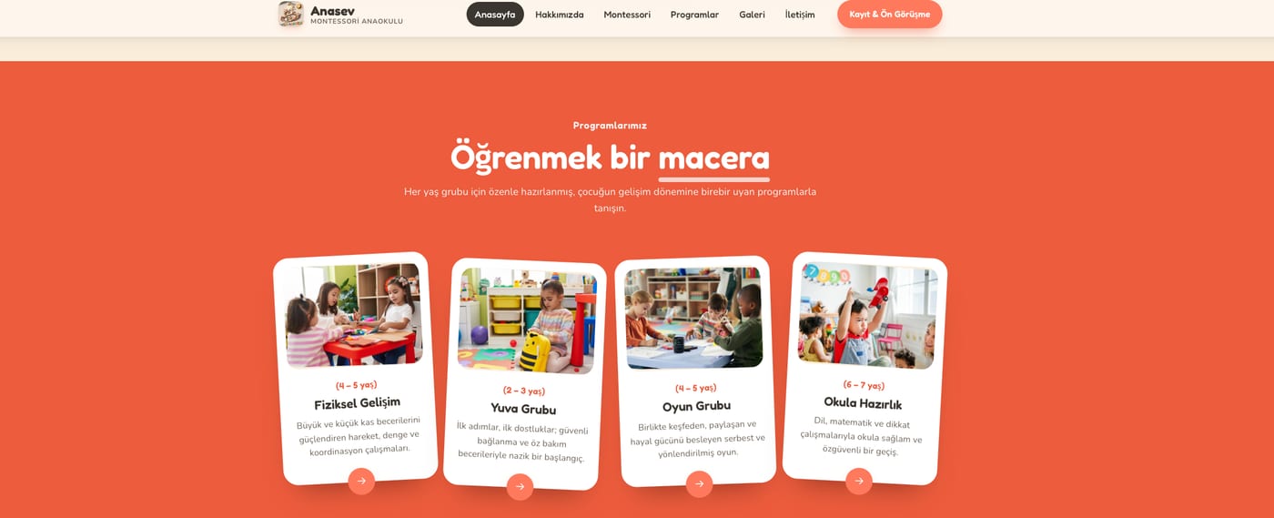 Anasev Montessori anaokulu web sitesi — Program Kartları