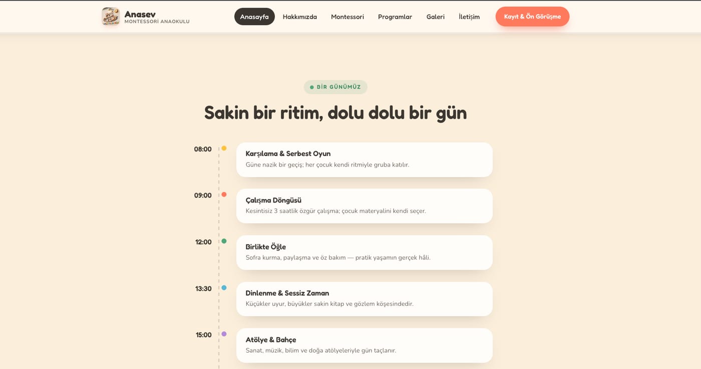 Anasev Montessori anaokulu web sitesi — Bir Günümüz