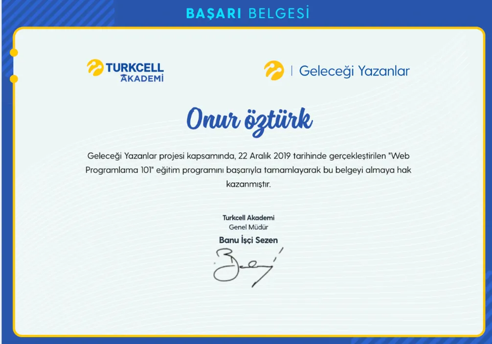 Web Programlama 101 sertifikası — Turkcell Akademi — Geleceği Yazanlar