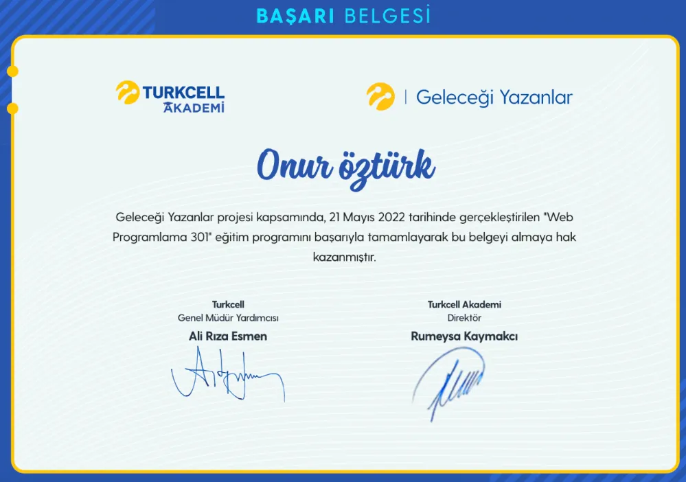 Web Programlama 301 sertifikası — Turkcell Akademi — Geleceği Yazanlar