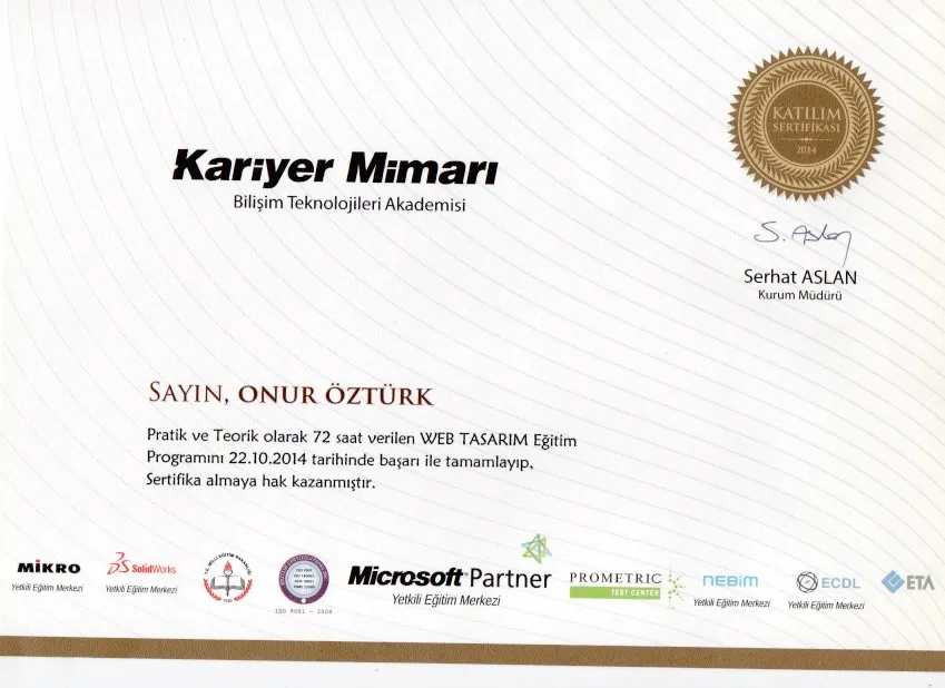 Web Tasarım Eğitim Programı sertifikası — Kariyer Mimarı Bilişim Teknolojileri Akademisi