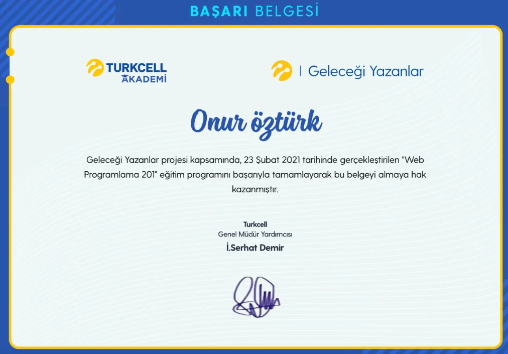 Web Programlama 201 sertifikası — Turkcell Akademi — Geleceği Yazanlar