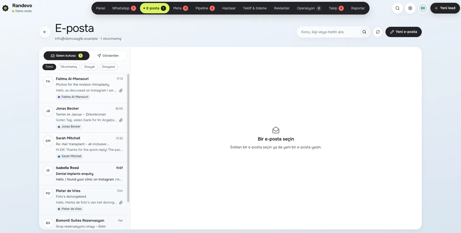 Randevo CRM E-posta ekranı: E-posta da aynı sistemin içinde