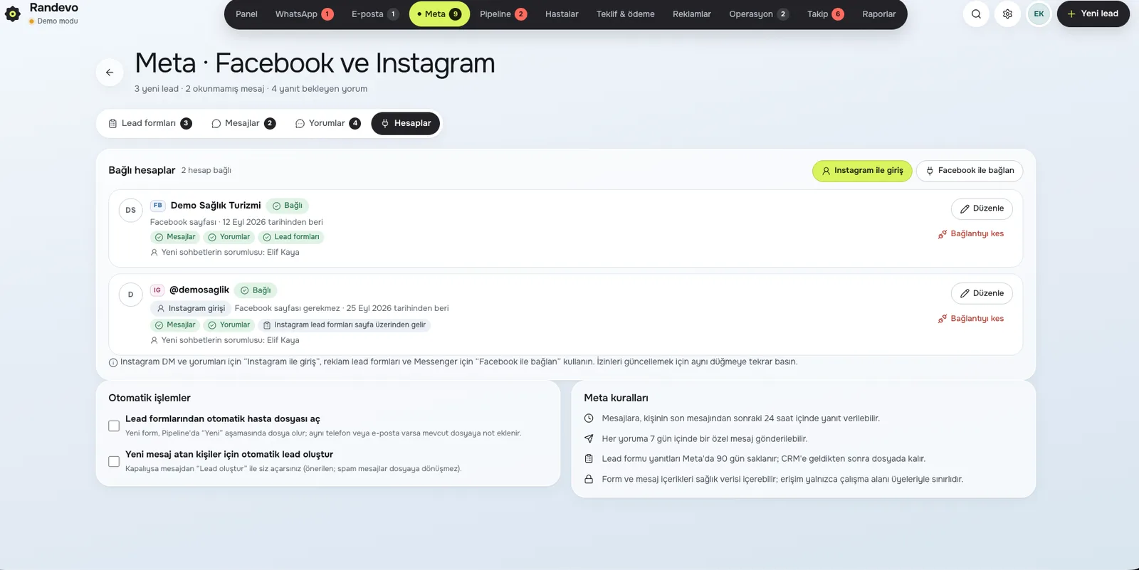 Randevo CRM Meta bağlantısı ekranı: Facebook sayfası ve Instagram hesabı birkaç tıkla bağlanır