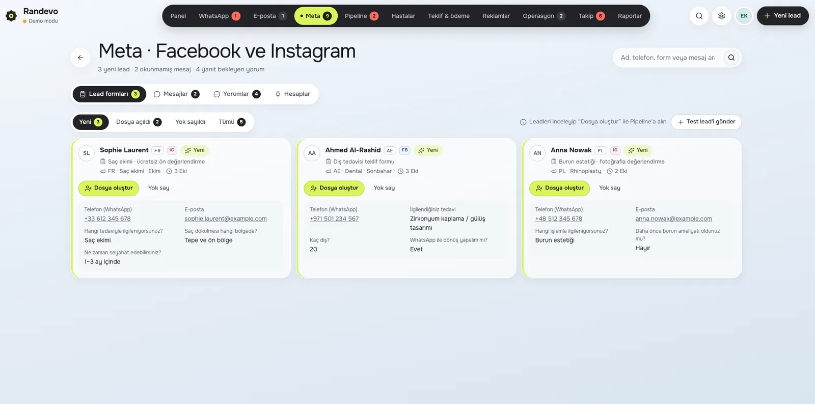 Randevo CRM Meta lead formları ekranı: Facebook ve Instagram lead formları doğrudan CRM'de