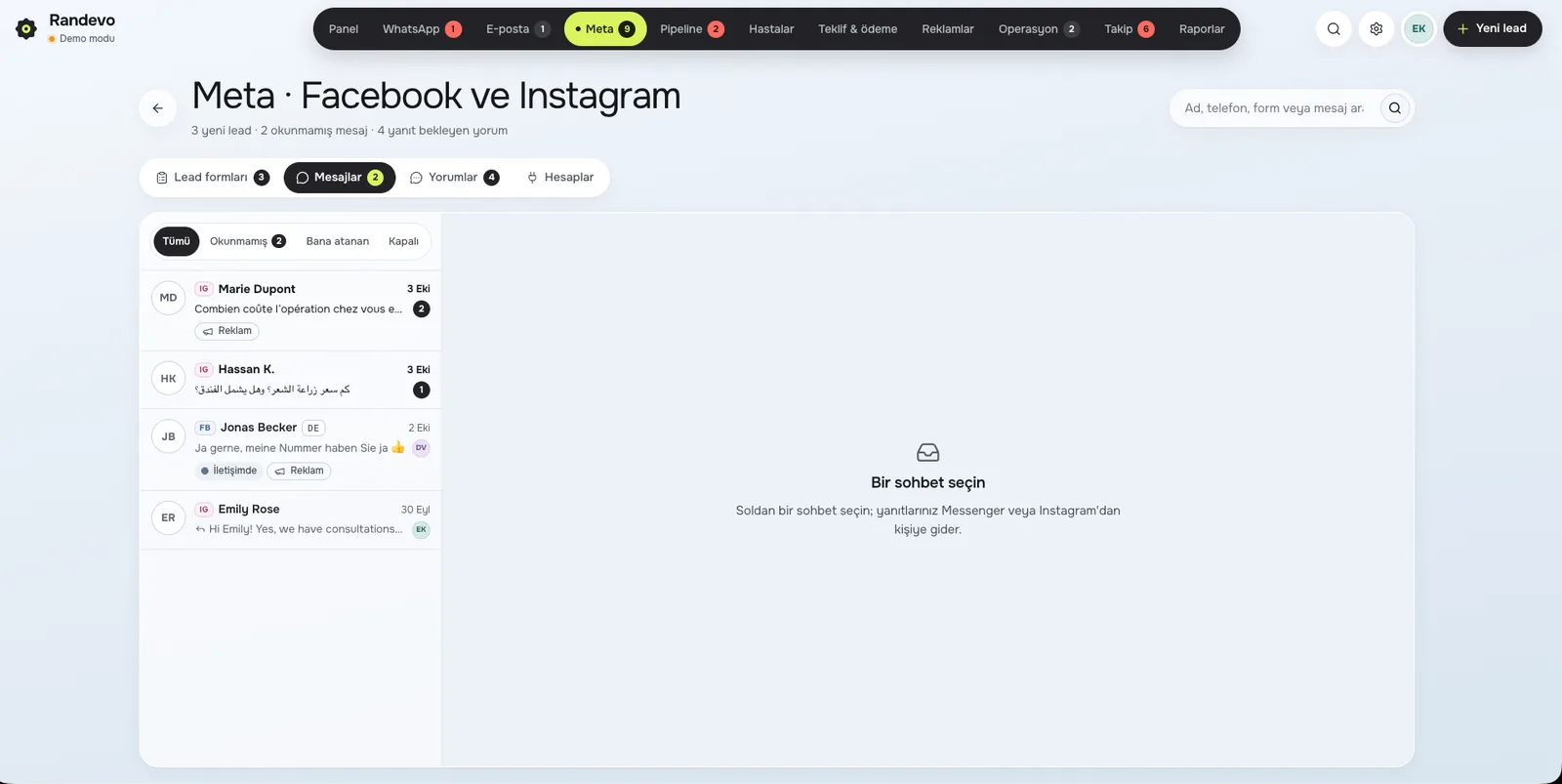 Randevo CRM Instagram & Messenger DM ekranı: Instagram DM ve Messenger mesajları tek kutuda