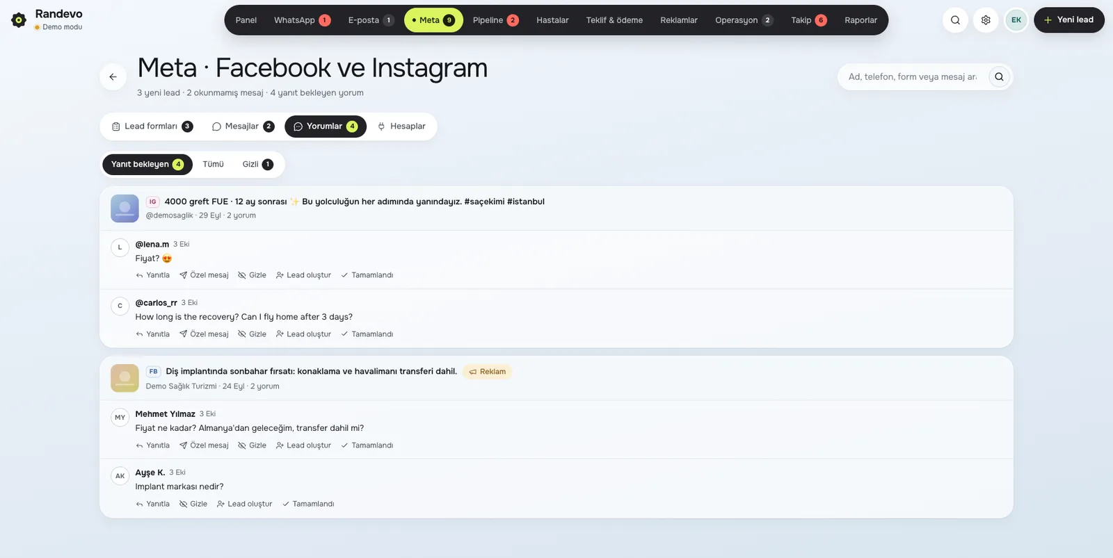 Randevo CRM Yorumlar ekranı: Yorumdaki fiyat sorusu kaybolmasın