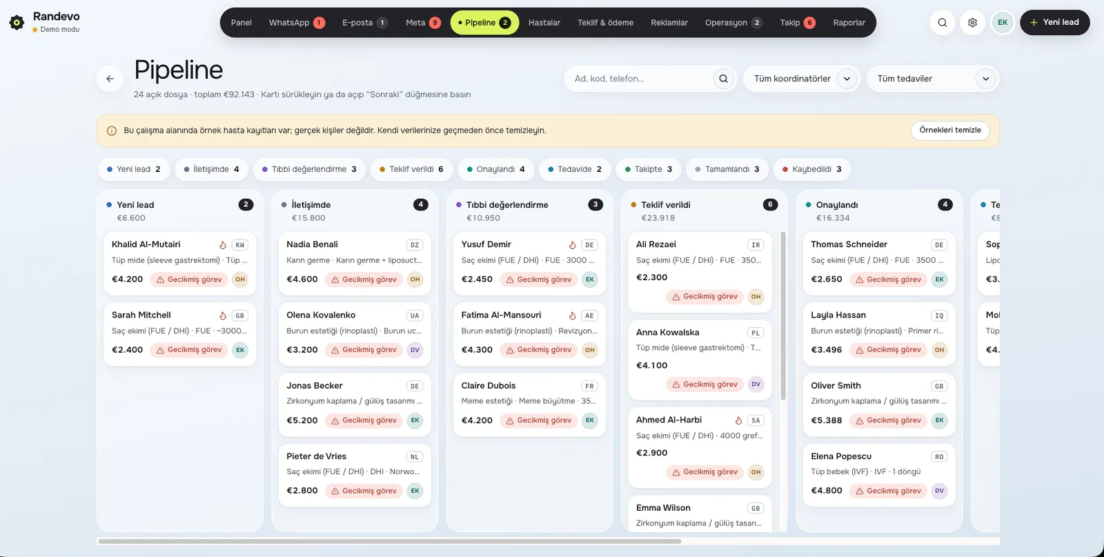 Randevo CRM Pipeline ekranı: Sürükle-bırak hasta pipeline'ı