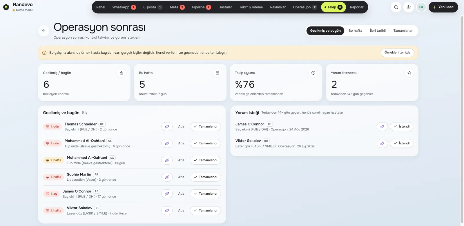 Randevo CRM Operasyon sonrası ekranı: Operasyon sonrası takip ve yorum isteği