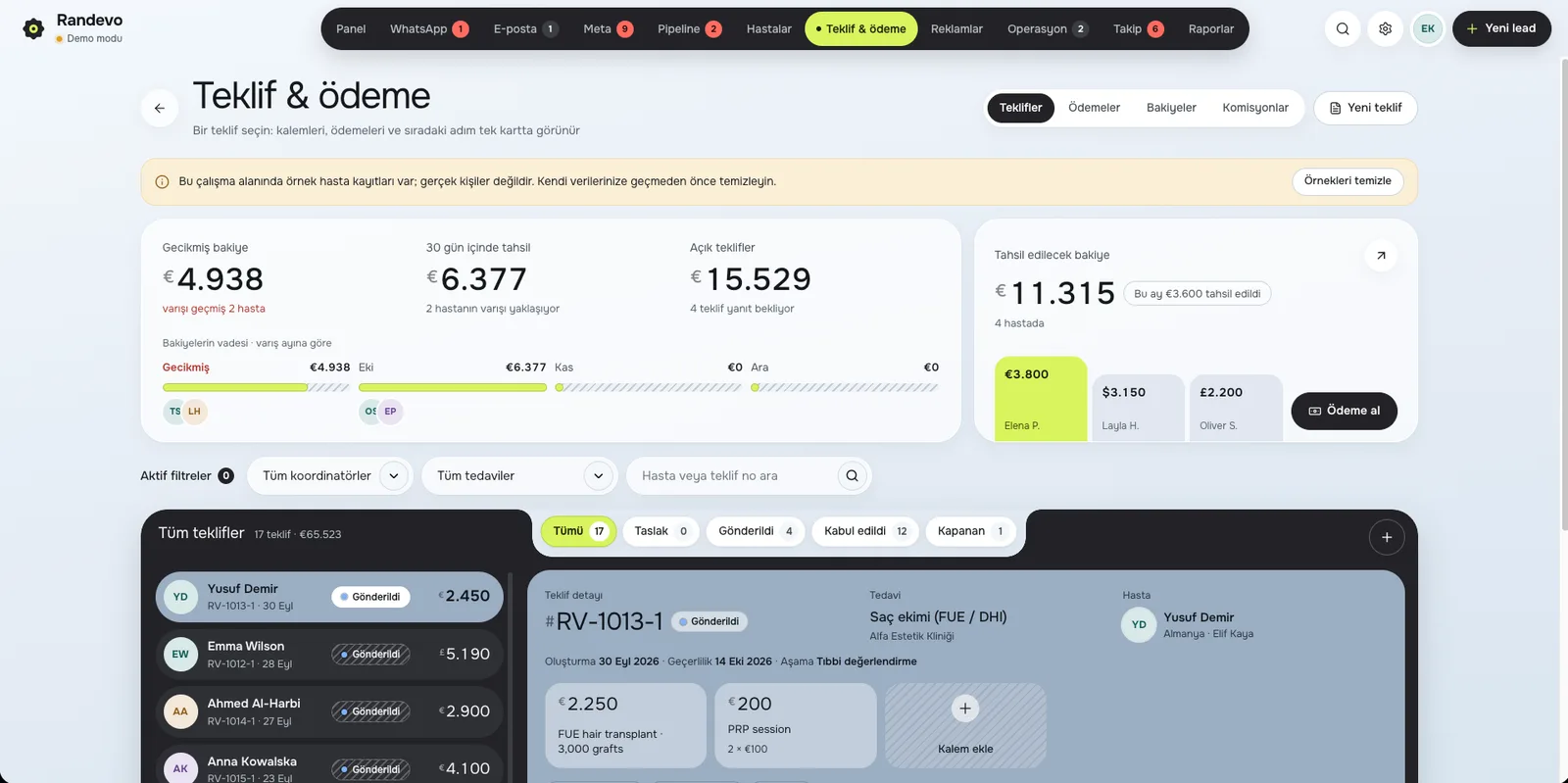 Randevo CRM Teklif & ödeme ekranı: Teklif, ödeme, bakiye ve komisyon