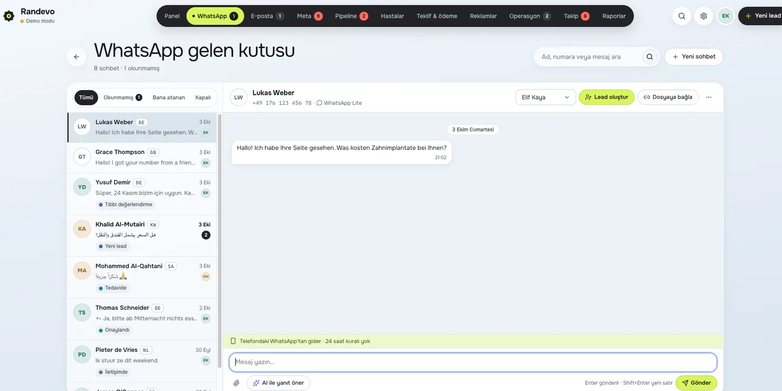 Randevo CRM WhatsApp ekranı: WhatsApp gelen kutusu, hasta dosyasıyla bağlı